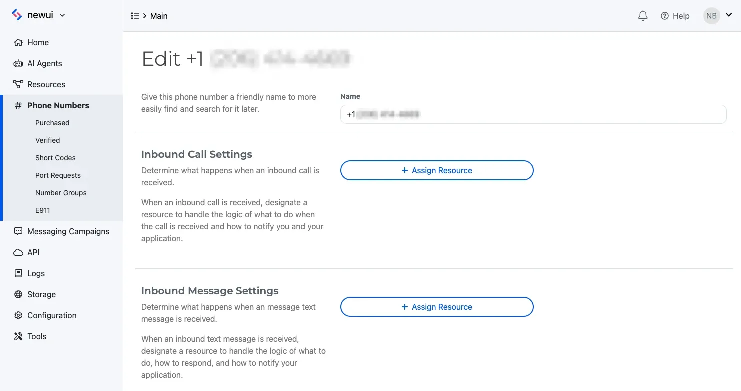 A phone number's Edit page in the Dashboard showing an Assign Resource button under Inbound Call Settings and another under Inbound Message Settings