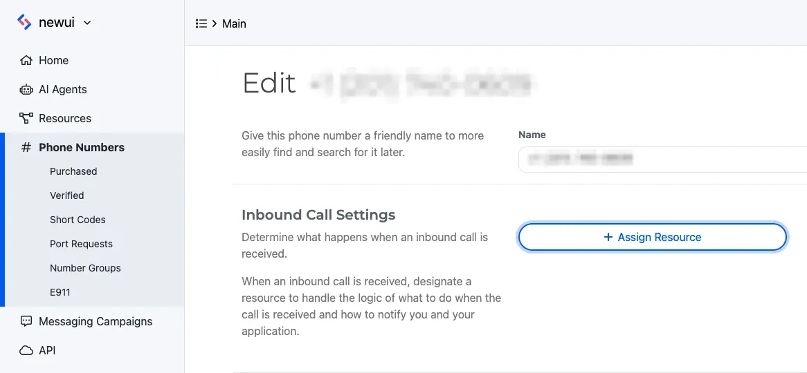 A phone number's Edit page in the Dashboard showing the Assign Resource button under Inbound Call Settings