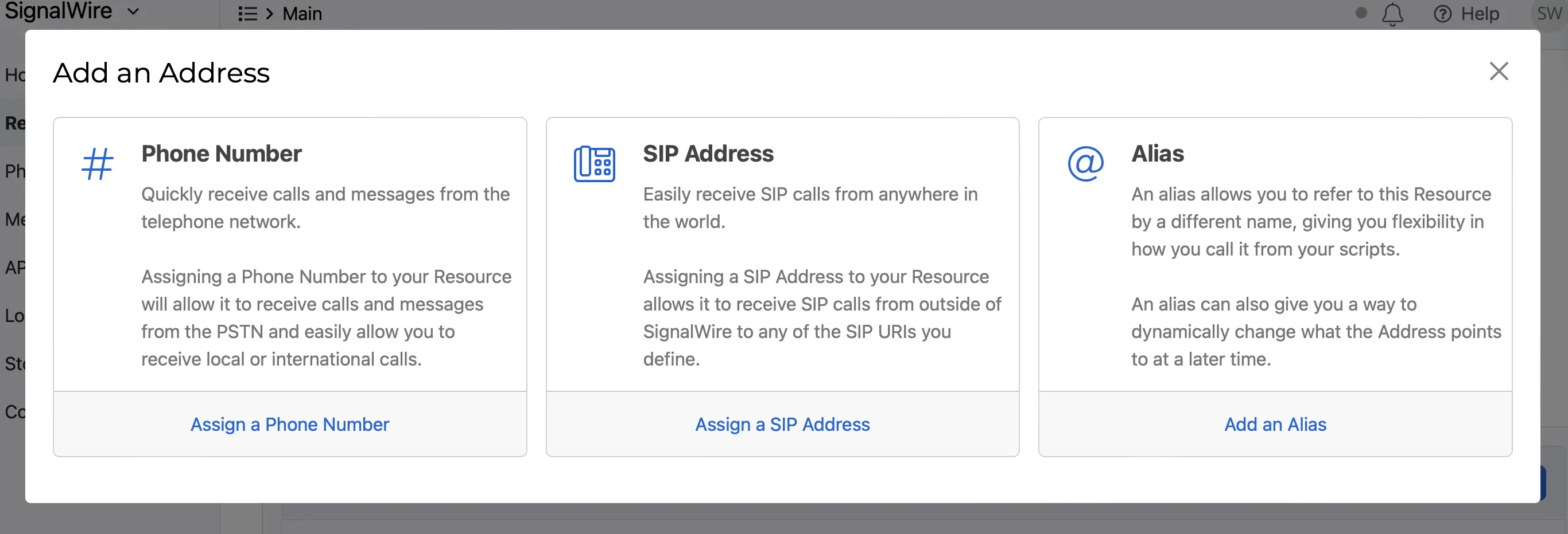 The Add an Address dialog in the Dashboard with Phone Number, SIP Address, and Alias options