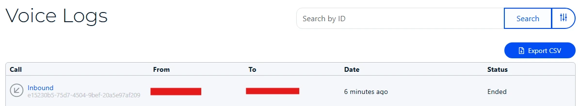 The Voice Logs page of a SignalWire Space, listing calls with their direction, ID, From and To numbers, date, and status.