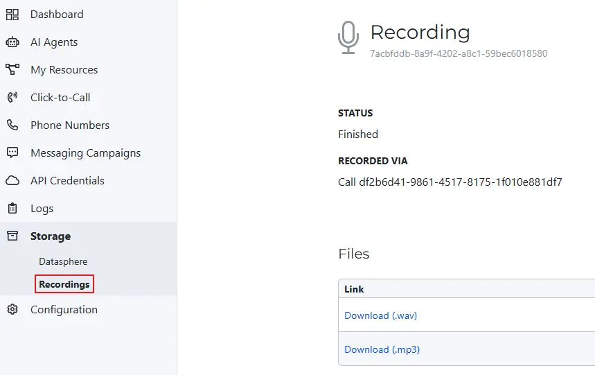 The SignalWire Space sidebar with Storage expanded and Recordings selected. The detail pane shows a Recording with its ID, a status of Finished, the call it was recorded via, and a Files table offering Download (.wav) and Download (.mp3) links.