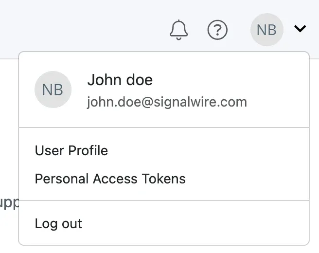 The top right menu of the SignalWire Space
