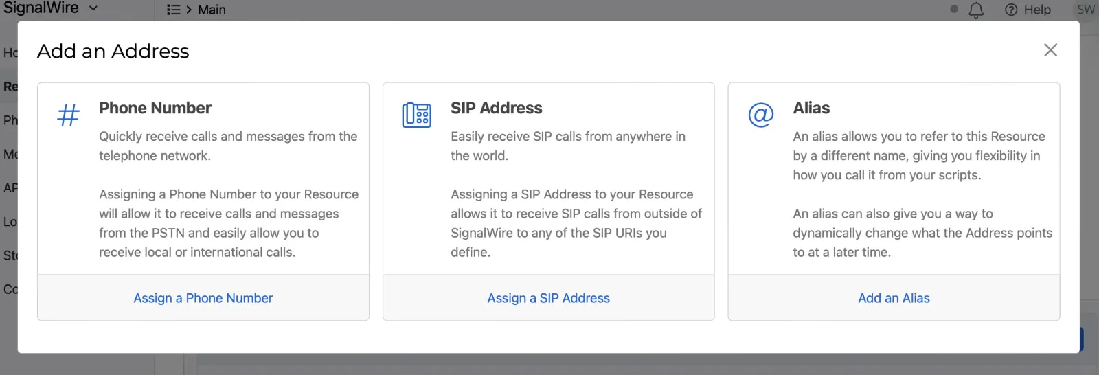 The Add an Address dialog in the Dashboard with Phone Number, SIP Address, and Alias options