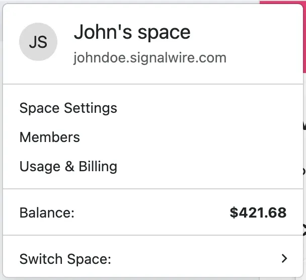 the Space dropdown menu, with links to Members, Space Settings, and more