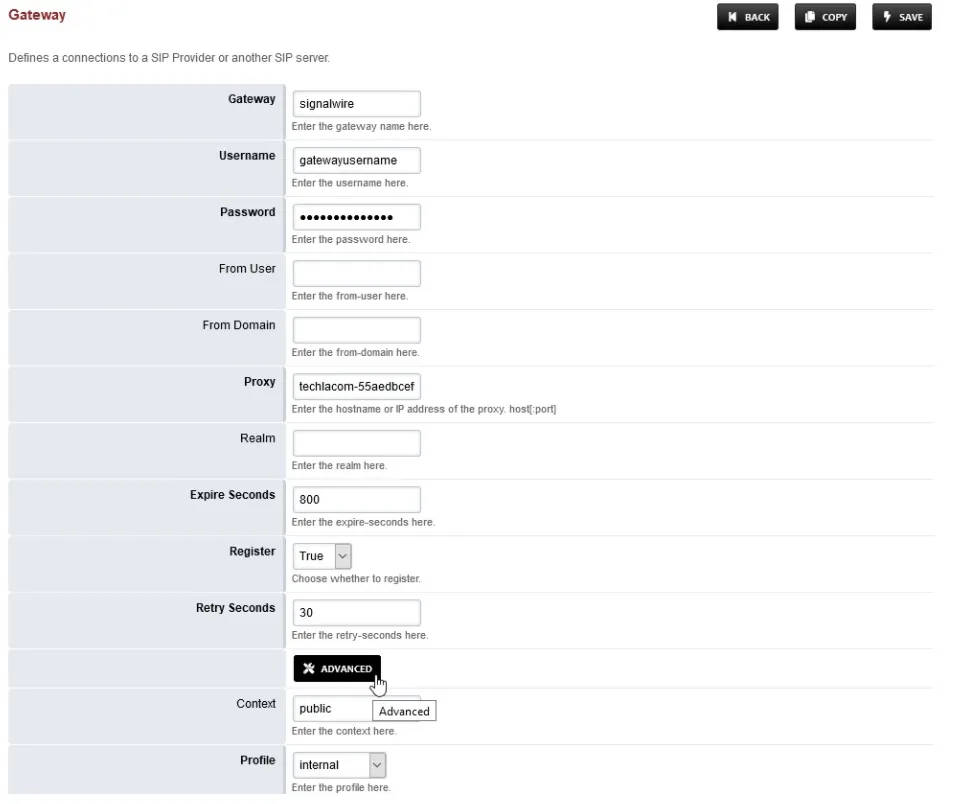 A screenshot of the Gateway form. The Gateway name is set to signalwire. Username, password, and proxy are filled in with appropriate values. Expire seconds is set to 800. Register is set to True. Retry Seconds is set to 30. Under Advanced, the Context is set to Public and the Profile is set to Internal.