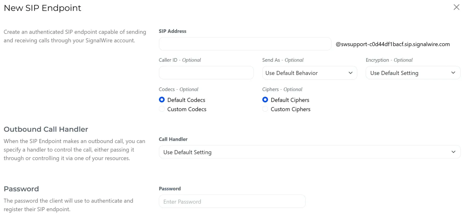 The New SIP Endpoint dialog with fields for SIP address, caller ID, codecs, ciphers, outbound call handler, and password.