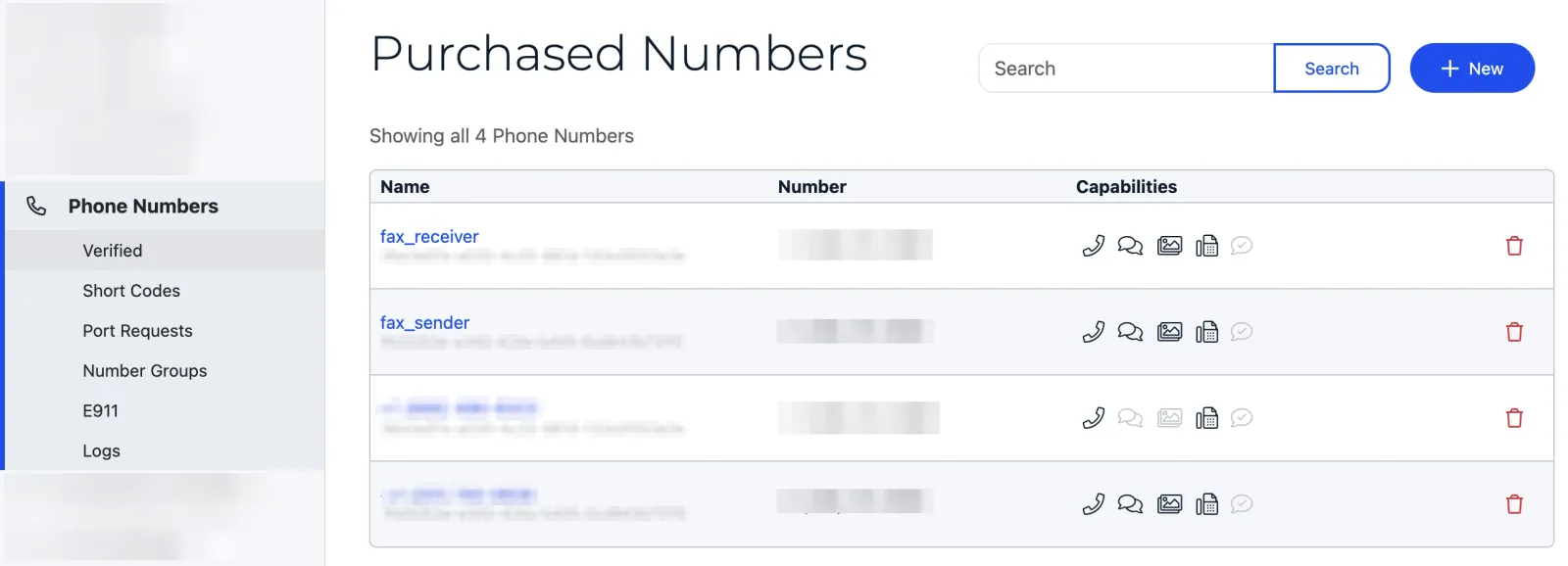 The Phone Numbers tab of a SignalWire Space showing a list of phone numbers