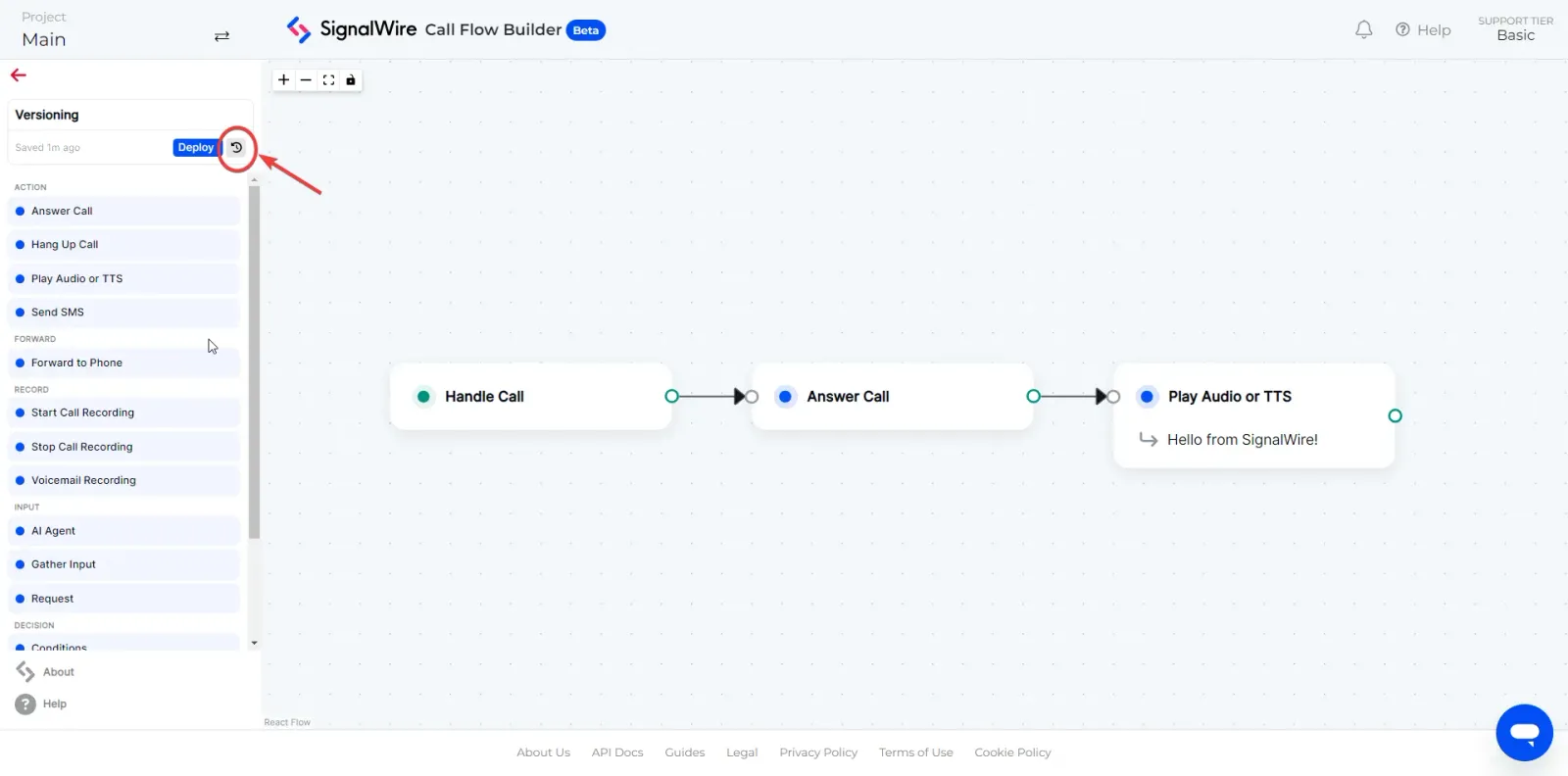 Opening the version history of a Call Flow.