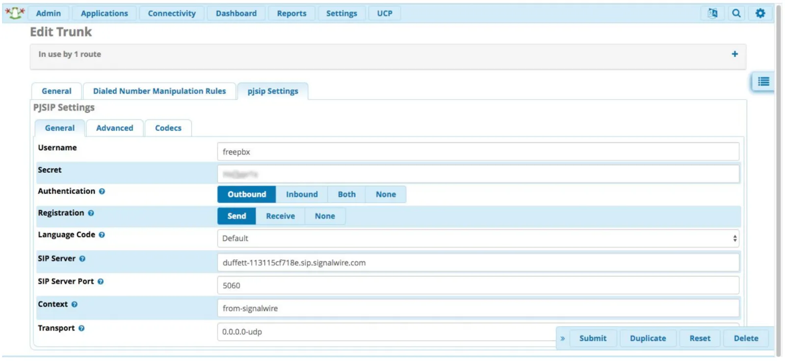 the PJSIP Settings tab of the Edit Trunk page in Asterisk. User name is set to freepbx. Authentication is set to Outbound. Registration is set to Send. Language Code is set to Default. The SIP Server is set to the desired Space URI. SIP Server Port is set to 5060. Context is set to 'from-signalwire'. Transport is set to '0.0.0.0-udp'