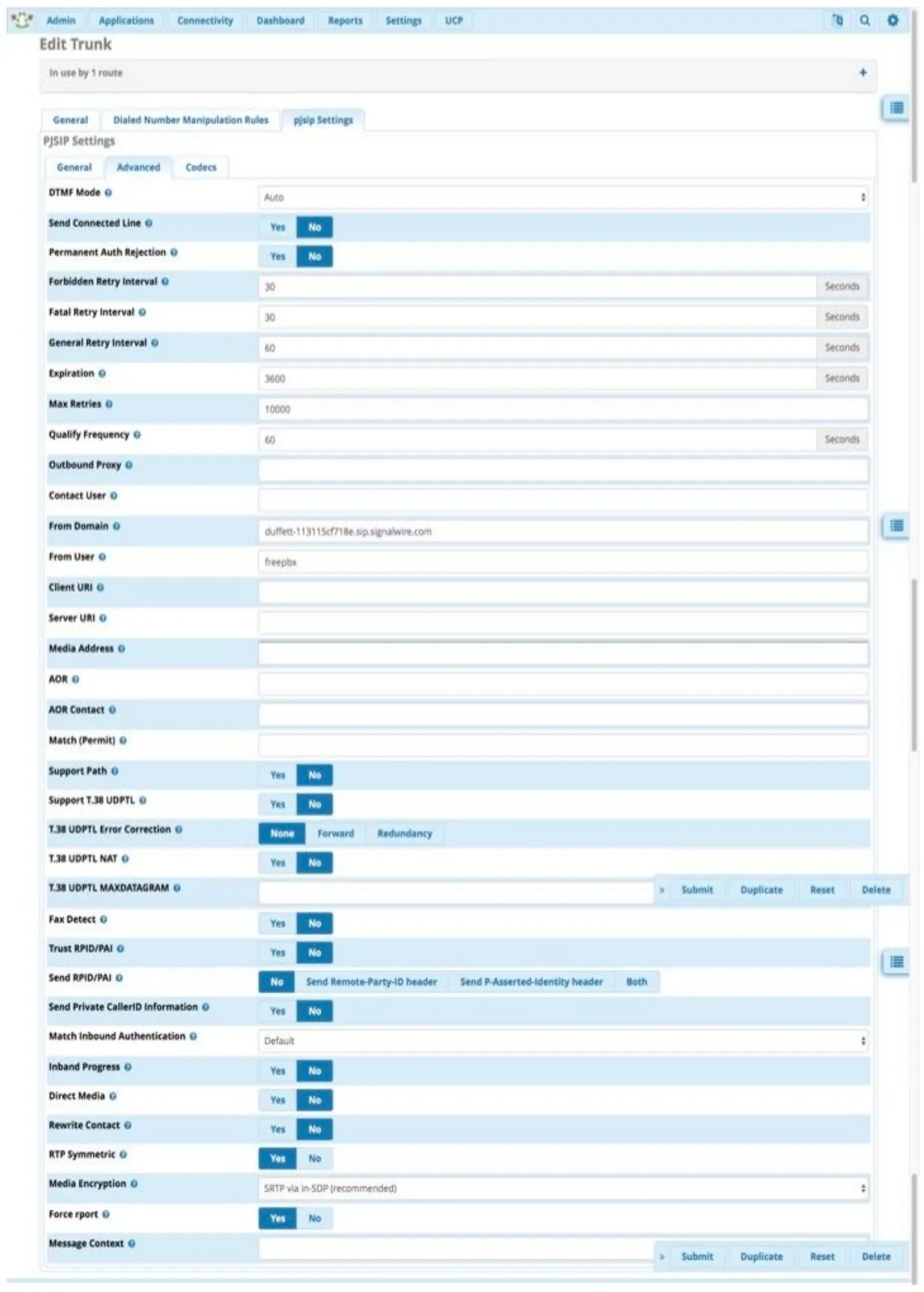 The Advanced tab of the Edit Trunk page in Asterisk. From Domain is set to the desired Space URI. From User is set to freepbx, or the name selected for the SIP endpoint. Media Encryption is set to SRTP via in-SDP.