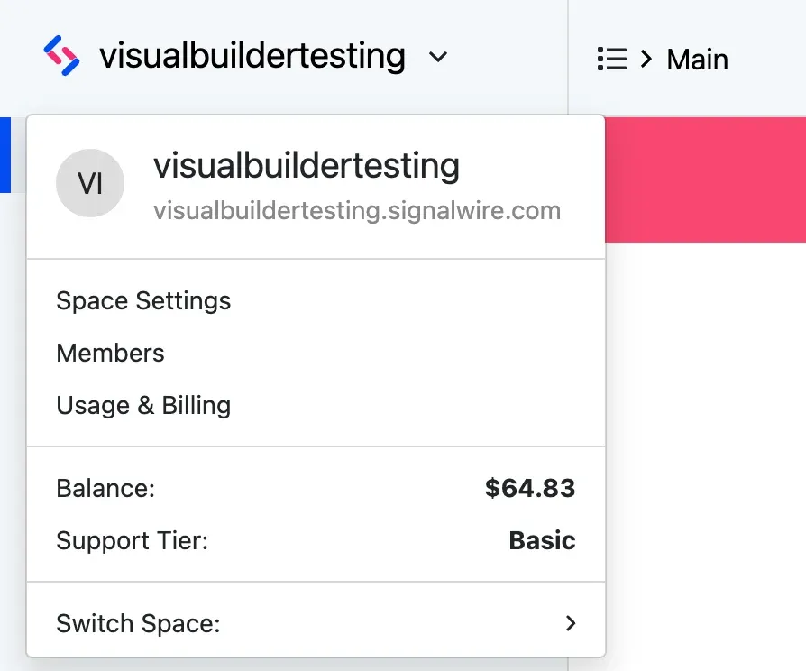 The space menu open from the top of the sidebar, listing Space Settings, Members, Usage & Billing, Balance, Support Tier, and Switch Space.