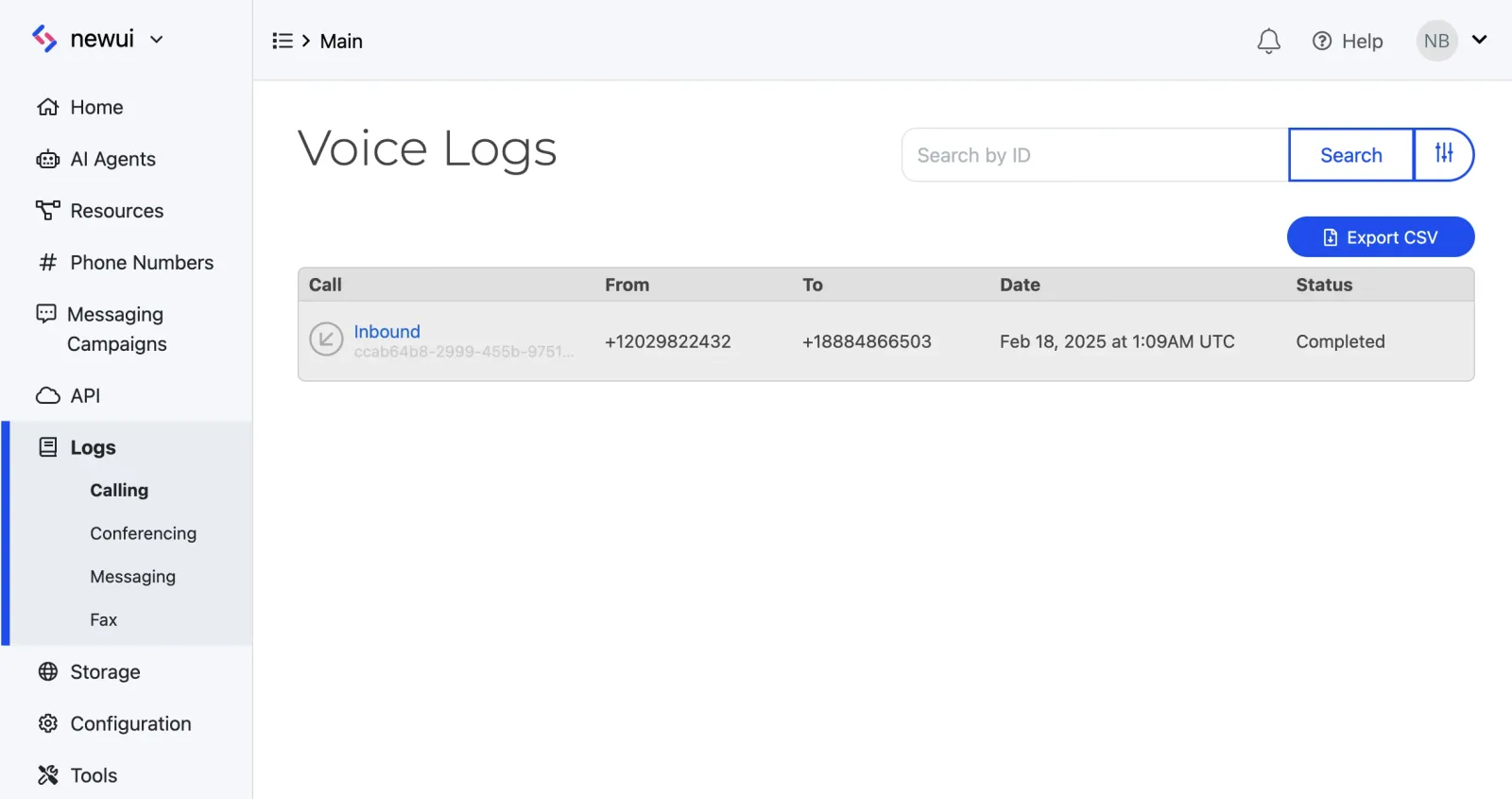 Logs section in the SignalWire Dashboard displaying log entries with their associated SIDs.