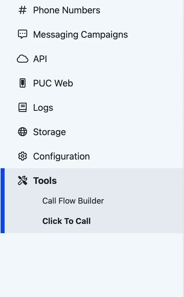 The Dashboard sidebar with the Tools menu expanded to show Call Flow Builder and Click To Call.